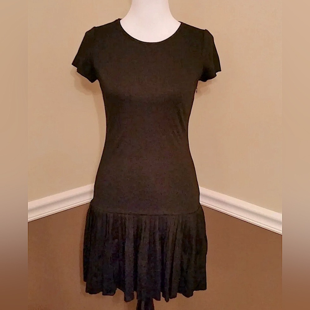 Black Dropped Waist Pleated Short Sleeve Dress Alythea ModCloth Size Small